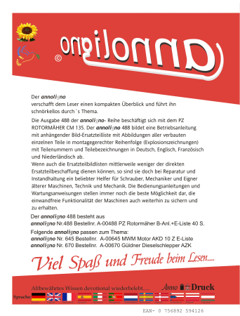 PZ Rotormäher Typ CM 135  Bild- Bedienungsanleitung & Bild- Ersatzteilliste & Explosionszeichnungen  - annoligno 488